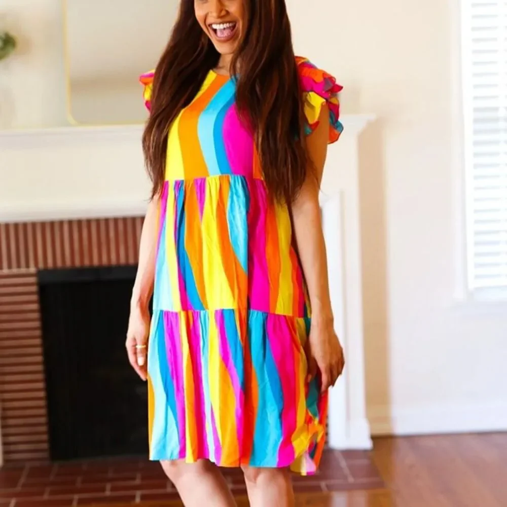 Multicolor Abstract Print Smocked Ruffle Sleeve Dress - Picture 2 of 3